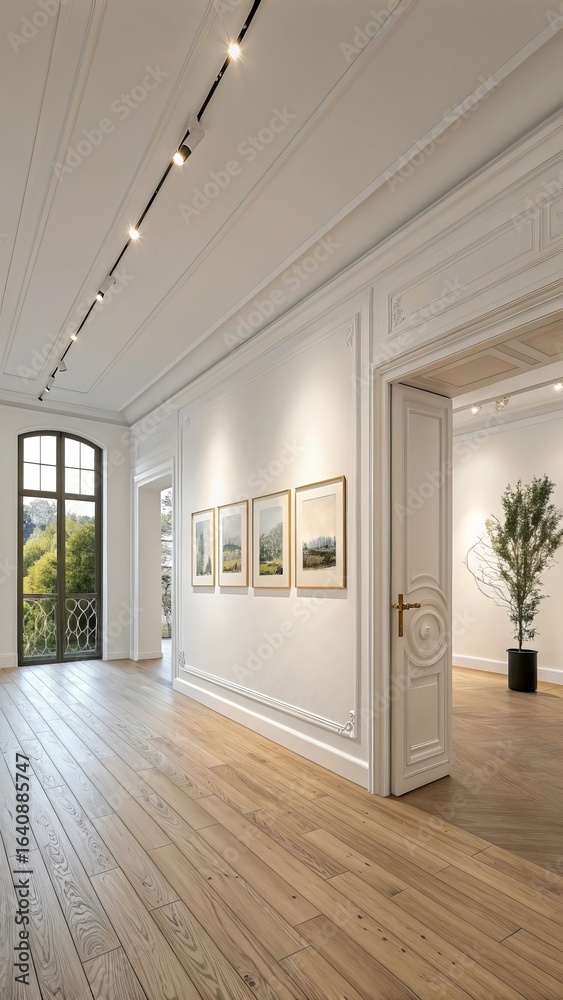 Obraz premium Interior view of a modern art gallery with framed artwork on white walls and natural light