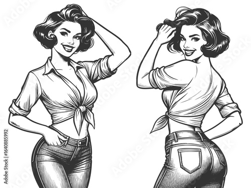 woman in tight jeans and tied top, glancing back with a playful, bold expression sketch engraving generative ai fictional character vector illustration. Scratch board imitation. Black and white image.
