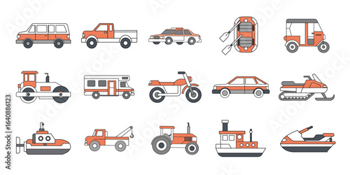 Pixel art set of various vehicles isolated on white background, including car, truck, motorcycle, boat, tractor, snowmobile, ambulance, steamroller and tuktuk