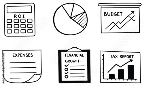 Financial planning doodles featuring roi calculator pie chart budget expenses growth and tax report icons


