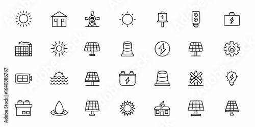 Solar Energy and Photovoltaic Power Line Art Icons — Minimal Solar Panels, Batteries, Inverters, Sun, and Renewable Electricity Symbols

