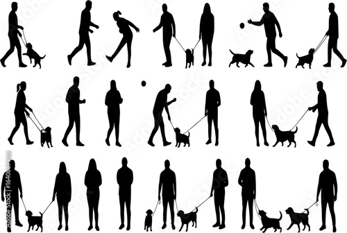 People playing with dog various poses black silhouette set collection.
