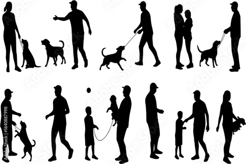 People playing with dog various poses black silhouette set collection.
