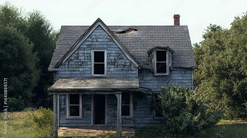 Abandoned house decaying in overgrown field with broken windows