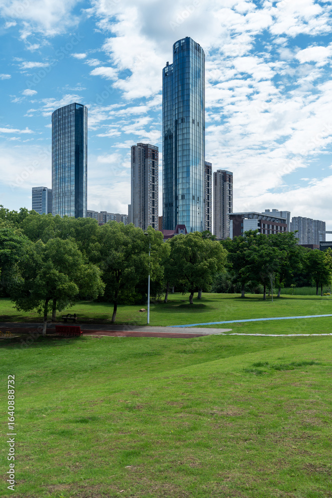 Obraz premium city park with modern building background in shanghai