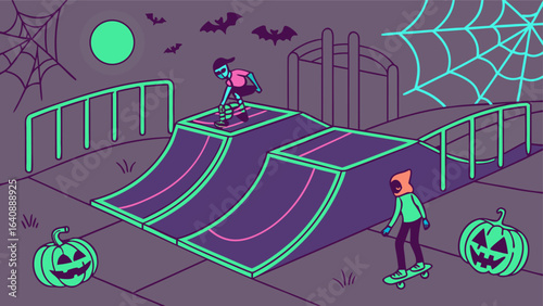 Spooky halloween skatepark scene with pumpkins bats and spiderwebs featuring stylized characters performing tricks under a full moon