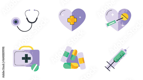 Collection of medical icons featuring a stethoscope, hearts, first aid kit, pills and a syringe tool