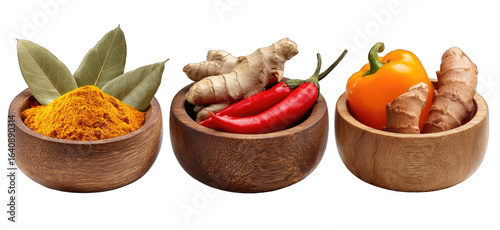 Fototapeta Naklejka Na Ścianę i Meble -  Wooden bowls filled with spices and vegetables