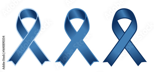 Set of three blue ribbons representing mouth and oral cancer, urology awareness and other campaigns and events, flat vector on transparent background