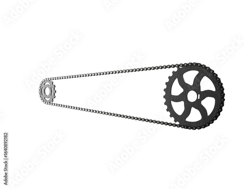 A detailed bicycle chain and two sprockets, a large dark one and a smaller light one, in a realistic 3D render. This high-resolution image is isolated on a PNG Transparent HD Background, perfect for
