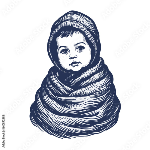 Adorable baby covered with wool shawl, wrapped up warmly and snugly. This little baby covered with wool shawl illustration features cozy, vintage style line work and comforting, enveloping textures.