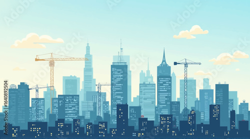 Modern city skyline under construction, cranes active amidst skyscrapers on a bright day.