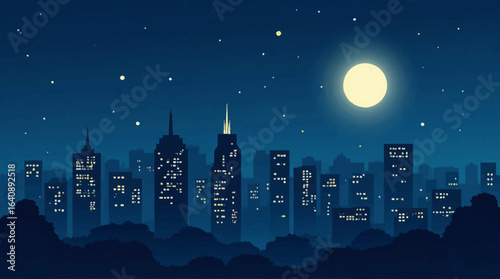Serene cityscape at night, illuminated buildings under a full moon and starry sky.