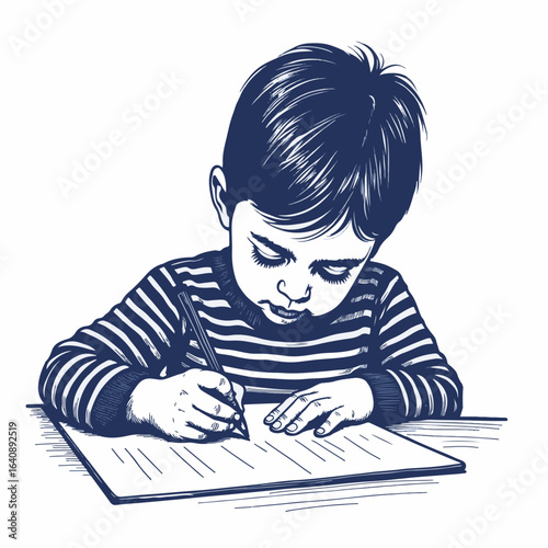 Boy coloring between lines of a page at a table, carefully concentrating on his art project. Boy coloring creates a focused scene, as he fills in shapes and refines his fine motor skills.