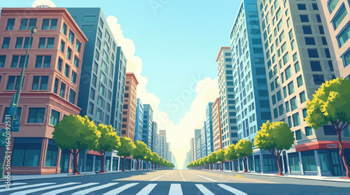 A sunny city street scene, showcasing tall buildings and lush green trees lining a wide road with a pedestrian crossing.