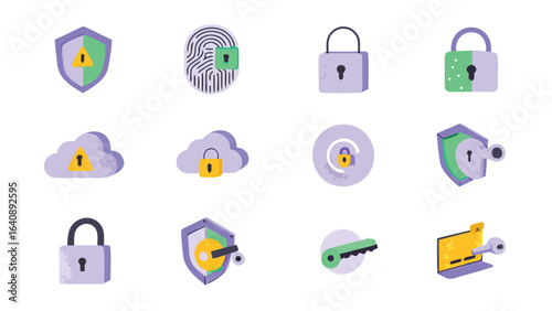 Collection of security icons featuring locks shields clouds and keys in a flat vector style