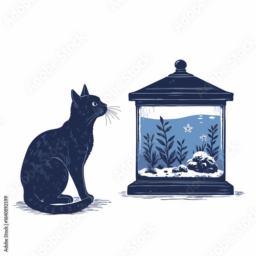 Cat staring into aquarium, observing fish and plants in a glass tank with fascination. Captivated cat near aquarium setup, its gaze fixed on the underwater world.
