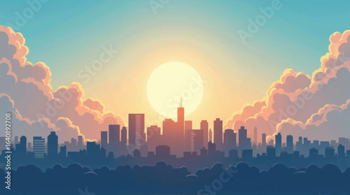 Sunrise cityscape silhouette with clouds parting to reveal a bright sun over a modern city skyline.
