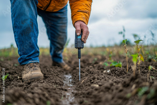 A person measures soil moisture depth in a field with young plants while the sky is overcast, indicating potential for rain
