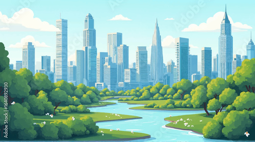 A stylized illustration of a city skyline viewed from a lush, green park with a river.