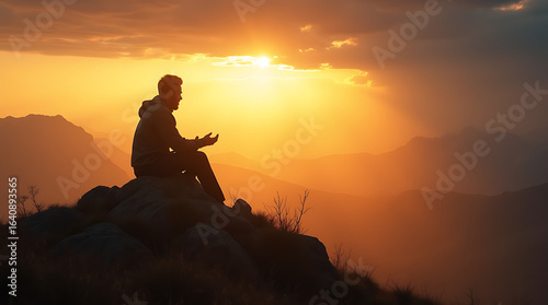 The spiritual image of a man praying at dawn on a mountain top, the rising sun enveloping him in divine light, rays of light breaking through the clouds, evoking grace and reward.