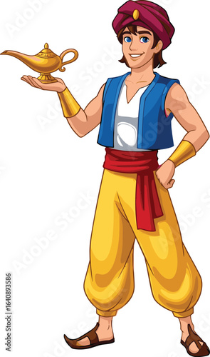 Cartoon Aladdin character, golden lamp, red turban, blue vest, yellow pants, folklore theme, cad drawing flat vector illustration