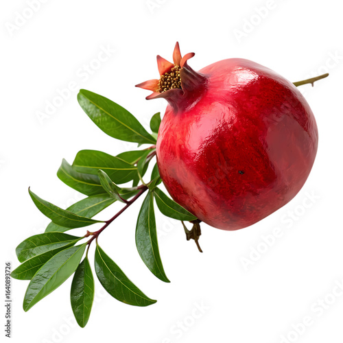Vibrant Pomegranate Fruit: Juicy Red Pomegranate with Lush Green Leaves, Isolated on White Background - Perfect for Food Blogs, Recipes, and Health & Wellness Content