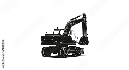 Black Silhouette of a Wheeled Excavator.
