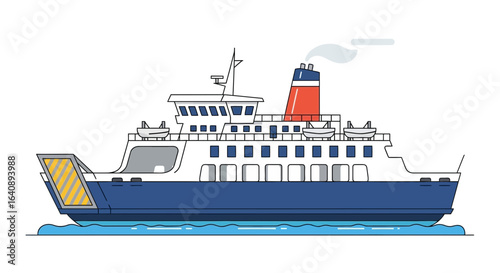Blue and White Passenger Ferry Boat with Red Funnel Side View Illustration.