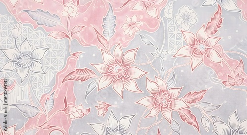 An intricate floral batik design with delicate flowers and leaves in soft pink and blue.