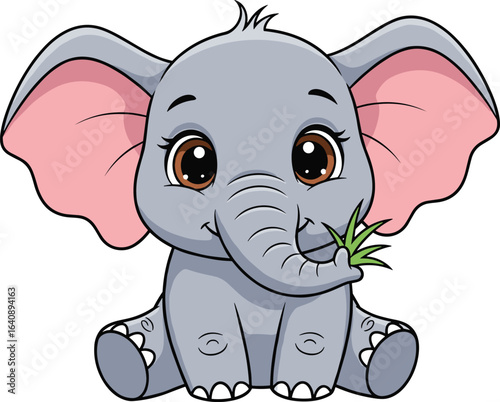 Cute baby elephant sitting, cartoon vector illustration, holding grass, big ears, pink inner ear, adorable animal, stock image, vector art