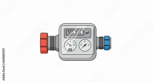 Plumbing installation showing water meter equipment for measuring consumption of resources. Water meter setup includes counter and gauges.