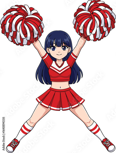 Cartoon cheerleader with pom-poms, red and white outfit, energetic pose, pleated skirt, striped socks, vector illustration, sports spirit