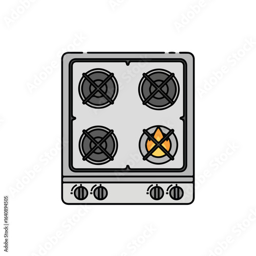 Gas stove top with four burners and control knobs. Gas stove top shows one burner ignited, creating a flame. Modern gas stove top ideal for kitchen appliance guides and home improvement.