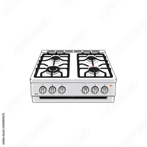 Stove top cooking range with four burners on isolated white background. Stove top includes knobs for precise heat control and a clean, modern design.