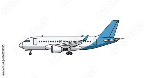 Commercial Airplane Illustration White and Blue Jetliner.