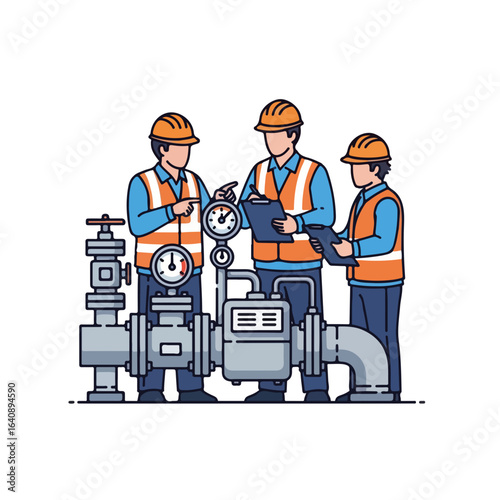 Team industrial inspection analyzing pipeline equipment, discussing readings, and taking notes. Industrial inspection ensures safety and efficiency of operations in the plant.