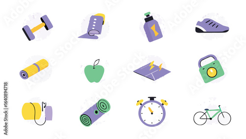 Isometric fitness and exercise icons featuring dumbbell, mat, apple, and bicycle equipment set up