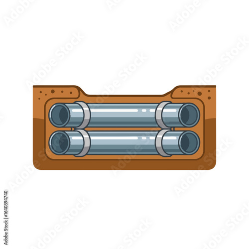 Pipe installation shows metal pipelines laid in trench, underground, connecting essential plumbing infrastructure. Detailed pipe installation illustrates underground sewage, plumbing pipes,