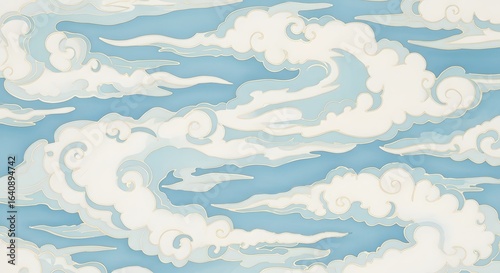 An artistic illustration of traditional Asian-style swirling white clouds in a serene blue sky.