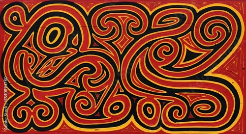 Intricate indigenous painting with bold black and yellow swirls on a red background, depicting a stylized mythical figure.