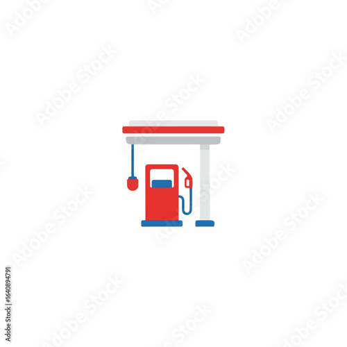 Gas station isolated on white background, simplistic red filling pump. Gas station represents a place for fueling, convenience for travelers, and necessary stop, gas station.