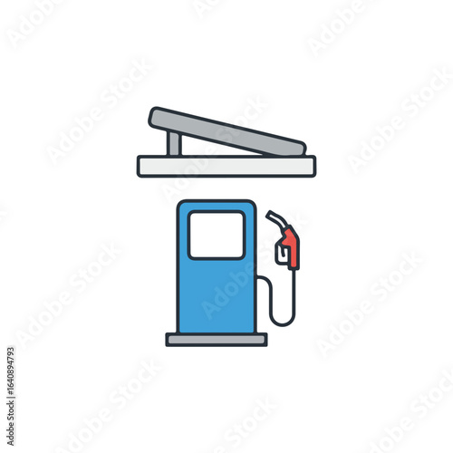 Gas station illustration displays fuel pump and canopy. Gas station design conveys automobile service, gas station symbol is on white background. Gas station illustration suitable for travel guides.