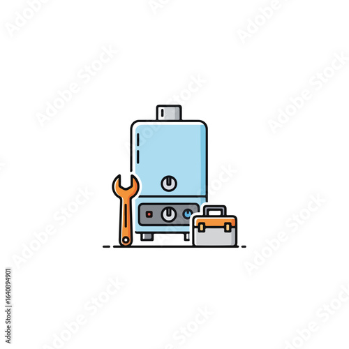 Illustrative water heater with tool box and wrench on a white background. Depicts water heater maintenance, repair equipment, and service tools.