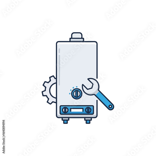 Hot water heater repair with wrench and gear for maintenance and service, hot water heater repair illustrates plumbing issues, or home improvements,