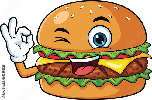 Cartoon hamburger character, smiling face, winking eye, tongue out, OK gesture, sesame bun, lettuce, tomato, cheese, beef patty