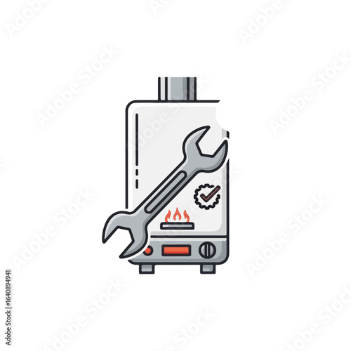 Water heater maintenance shown with wrench and flames, isolated against white, makes a handy visual aid. Water heater maintenance includes checking and fixing various parts of mechanism.