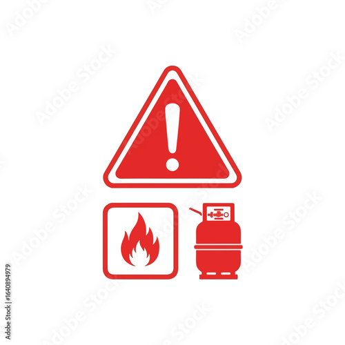 Simple gas warning sign with a triangle exclamation mark on white backdrop. Gas warning sign features a flame and a cylinder illustration, signifying safety measures.