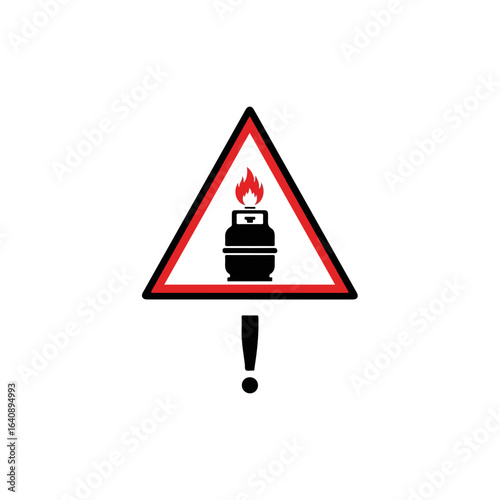 Warning symbol shows hazard of flammable gas with triangular frame, alerting to danger. Sign highlights flammable gas alongside a no water icon indicating safety measures.