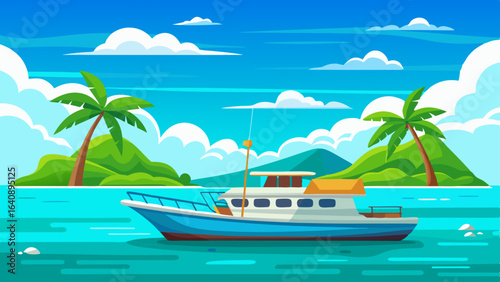a boat in turquoise ocean water with a backdrop